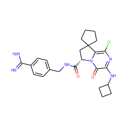 N=C(N)c1ccc(CNC(=O)[C@@H]2CC3(CCCC3)c3c(Cl)nc(NC4CCC4)c(=O)n32)cc1 ZINC000095586668