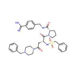 N=C(N)c1ccc(CNC(=O)[C@@H]2CCCN2C(=O)[C@@H](CC(=O)N2CCN(Cc3ccccc3)CC2)NS(=O)(=O)Cc2ccccc2)cc1 ZINC000072179808