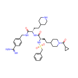 N=C(N)c1ccc(CNC(=O)[C@H](CCC2CCNCC2)NC(=O)[C@@H](CCC2CCN(C(=O)C3CC3)CC2)NS(=O)(=O)Cc2ccccc2)cc1 ZINC000169697459