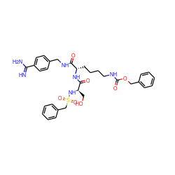 N=C(N)c1ccc(CNC(=O)[C@H](CCCCNC(=O)OCc2ccccc2)NC(=O)[C@@H](CO)NS(=O)(=O)Cc2ccccc2)cc1 ZINC000072178849