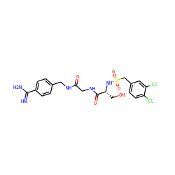 N=C(N)c1ccc(CNC(=O)CNC(=O)[C@@H](CO)NS(=O)(=O)Cc2ccc(Cl)c(Cl)c2)cc1 ZINC000096168443