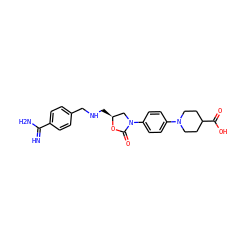 N=C(N)c1ccc(CNC[C@H]2CN(c3ccc(N4CCC(C(=O)O)CC4)cc3)C(=O)O2)cc1 ZINC000096271552