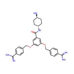 N=C(N)c1ccc(COc2cc(OCc3ccc(C(=N)N)cc3)cc(C(=O)N[C@H]3CC[C@H](N)CC3)c2)cc1 ZINC000261173104