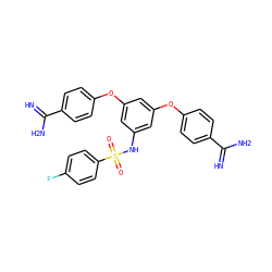 N=C(N)c1ccc(Oc2cc(NS(=O)(=O)c3ccc(F)cc3)cc(Oc3ccc(C(=N)N)cc3)c2)cc1 ZINC000114707230