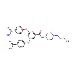 N=C(N)c1ccc(Oc2cc(Oc3ccc(C(=N)N)cc3)cc(C(=O)NC3CCN(CCCN)CC3)c2)cc1 ZINC000114707014