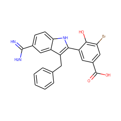 N=C(N)c1ccc2[nH]c(-c3cc(C(=O)O)cc(Br)c3O)c(Cc3ccccc3)c2c1 ZINC000029484394