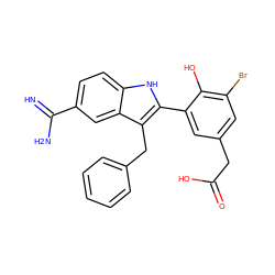 N=C(N)c1ccc2[nH]c(-c3cc(CC(=O)O)cc(Br)c3O)c(Cc3ccccc3)c2c1 ZINC000029474579