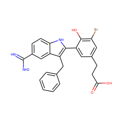 N=C(N)c1ccc2[nH]c(-c3cc(CCC(=O)O)cc(Br)c3O)c(Cc3ccccc3)c2c1 ZINC000003976531