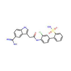 N=C(N)c1ccc2[nH]cc(CC(=O)Nc3ccc(-c4ccccc4S(N)(=O)=O)cc3Cl)c2c1 ZINC000013835122