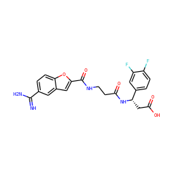 N=C(N)c1ccc2oc(C(=O)NCCC(=O)N[C@@H](CC(=O)O)c3ccc(F)c(F)c3)cc2c1 ZINC000013776186