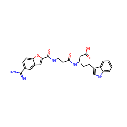 N=C(N)c1ccc2oc(C(=O)NCCC(=O)N[C@@H](CCc3c[nH]c4ccccc34)CC(=O)O)cc2c1 ZINC000013776194