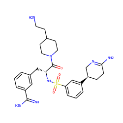 N=C(N)c1cccc(C[C@@H](NS(=O)(=O)c2cccc([C@@H]3CCC(N)=NC3)c2)C(=O)N2CCC(CCN)CC2)c1 ZINC000043198205