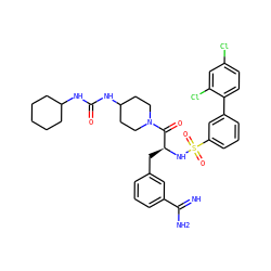 N=C(N)c1cccc(C[C@H](NS(=O)(=O)c2cccc(-c3ccc(Cl)cc3Cl)c2)C(=O)N2CCC(NC(=O)NC3CCCCC3)CC2)c1 ZINC000169326890