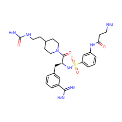 N=C(N)c1cccc(C[C@H](NS(=O)(=O)c2cccc(NC(=O)CCN)c2)C(=O)N2CCC(CCNC(N)=O)CC2)c1 ZINC000169323430