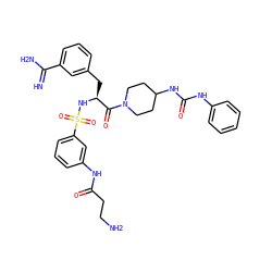 N=C(N)c1cccc(C[C@H](NS(=O)(=O)c2cccc(NC(=O)CCN)c2)C(=O)N2CCC(NC(=O)Nc3ccccc3)CC2)c1 ZINC000169323448