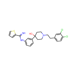 N=C(Nc1cccc(C2(O)CCN(CCc3ccc(Cl)c(Cl)c3)CC2)c1)c1cccs1 ZINC000169325204