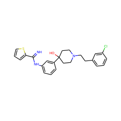 N=C(Nc1cccc(C2(O)CCN(CCc3cccc(Cl)c3)CC2)c1)c1cccs1 ZINC000169325195