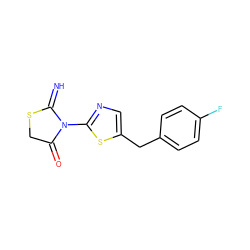 N=C1SCC(=O)N1c1ncc(Cc2ccc(F)cc2)s1 ZINC000004112583