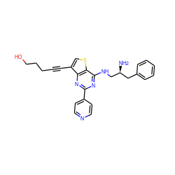 N[C@H](CNc1nc(-c2ccncc2)nc2c(C#CCCCO)csc12)Cc1ccccc1 ZINC000223678155