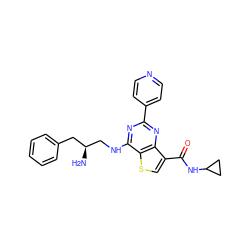 N[C@H](CNc1nc(-c2ccncc2)nc2c(C(=O)NC3CC3)csc12)Cc1ccccc1 ZINC000223690616