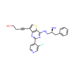 N[C@H](CNc1nc(-c2ccncc2F)nc2c(C#CCCO)csc12)Cc1ccccc1 ZINC000205886954