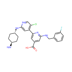 N[C@H]1CC[C@H](Nc2cc(-c3cc(C(=O)O)cc(NCc4cccc(F)c4)n3)c(Cl)cn2)CC1 ZINC000261153476