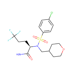 NC(=O)[C@@H](CCC(F)(F)F)N(CC1CCOCC1)S(=O)(=O)c1ccc(Cl)cc1 ZINC000073158069