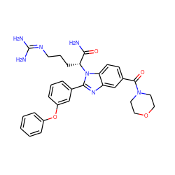 NC(=O)[C@@H](CCCN=C(N)N)n1c(-c2cccc(Oc3ccccc3)c2)nc2cc(C(=O)N3CCOCC3)ccc21 ZINC000218425498