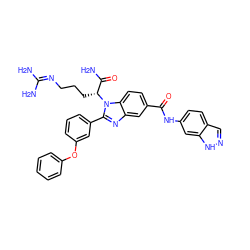 NC(=O)[C@@H](CCCN=C(N)N)n1c(-c2cccc(Oc3ccccc3)c2)nc2cc(C(=O)Nc3ccc4cn[nH]c4c3)ccc21 ZINC000218425688