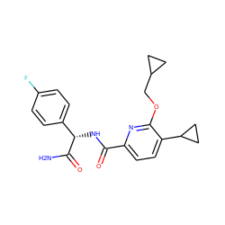 NC(=O)[C@@H](NC(=O)c1ccc(C2CC2)c(OCC2CC2)n1)c1ccc(F)cc1 ZINC000207739668