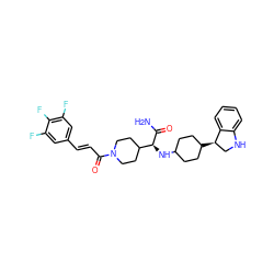 NC(=O)[C@@H](NC1CCC([C@@H]2CNc3ccccc32)CC1)C1CCN(C(=O)/C=C/c2cc(F)c(F)c(F)c2)CC1 ZINC000073165933