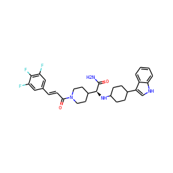 NC(=O)[C@@H](NC1CCC(c2c[nH]c3ccccc23)CC1)C1CCN(C(=O)/C=C/c2cc(F)c(F)c(F)c2)CC1 ZINC000073196029