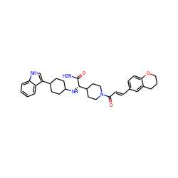 NC(=O)[C@@H](NC1CCC(c2c[nH]c3ccccc23)CC1)C1CCN(C(=O)/C=C/c2ccc3c(c2)CCCO3)CC1 ZINC000168312109