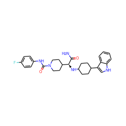 NC(=O)[C@@H](NC1CCC(c2c[nH]c3ccccc23)CC1)C1CCN(C(=O)Nc2ccc(F)cc2)CC1 ZINC000167789615