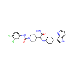 NC(=O)[C@@H](NC1CCC(c2c[nH]c3cccnc23)CC1)C1CCN(C(=O)Nc2ccc(Cl)c(Cl)c2)CC1 ZINC000167987689