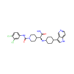 NC(=O)[C@@H](NC1CCC(c2c[nH]c3ccncc23)CC1)C1CCN(C(=O)Nc2ccc(Cl)c(Cl)c2)CC1 ZINC000168101629