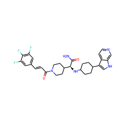 NC(=O)[C@@H](NC1CCC(c2c[nH]c3cnccc23)CC1)C1CCN(C(=O)/C=C/c2cc(F)c(F)c(F)c2)CC1 ZINC000073165949