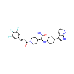 NC(=O)[C@@H](NC1CCC(c2c[nH]c3ncccc23)CC1)C1CCN(C(=O)/C=C/c2cc(F)c(F)c(F)c2)CC1 ZINC000073165943