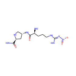 NC(=O)[C@@H]1C[C@@H](NC(=O)[C@@H](N)CCCN/C(N)=N/[N+](=O)[O-])CN1 ZINC000013531446