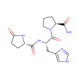 NC(=O)[C@@H]1CCCN1C(=O)[C@H](Cc1c[nH]cn1)NC(=O)[C@@H]1CCC(=O)N1 ZINC000004096261