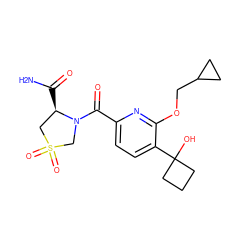 NC(=O)[C@@H]1CS(=O)(=O)CN1C(=O)c1ccc(C2(O)CCC2)c(OCC2CC2)n1 ZINC000146264849