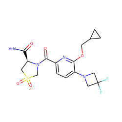 NC(=O)[C@@H]1CS(=O)(=O)CN1C(=O)c1ccc(N2CC(F)(F)C2)c(OCC2CC2)n1 ZINC000146226455