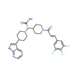 NC(=O)[C@H](C1CCN(C(=O)/C=C/c2cc(F)c(F)c(F)c2)CC1)N1CCC(c2c[nH]c3ncccc23)CC1 ZINC000045496707