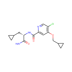 NC(=O)[C@H](CC1CC1)NC(=O)c1cc(OCC2CC2)c(Cl)cn1 ZINC000149223157