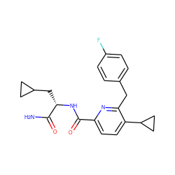 NC(=O)[C@H](CC1CC1)NC(=O)c1ccc(C2CC2)c(Cc2ccc(F)cc2)n1 ZINC000207739603