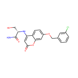 NC(=O)[C@H](CO)Nc1cc(=O)oc2cc(OCc3cccc(Cl)c3)ccc12 ZINC000101284170