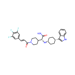 NC(=O)[C@H](N[C@H]1CC[C@@H](c2c[nH]c3ccccc32)CC1)C1CCN(C(=O)/C=C/c2cc(F)c(F)c(F)c2)CC1 ZINC000168018995