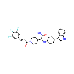 NC(=O)[C@H](N[C@H]1CC[C@H]([C@@H]2CNc3ccccc32)CC1)C1CCN(C(=O)/C=C/c2cc(F)c(F)c(F)c2)CC1 ZINC000261173571