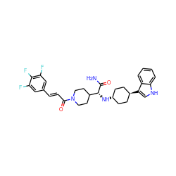 NC(=O)[C@H](N[C@H]1CC[C@H](c2c[nH]c3ccccc32)CC1)C1CCN(C(=O)/C=C/c2cc(F)c(F)c(F)c2)CC1 ZINC000167664758