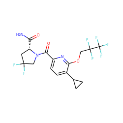 NC(=O)[C@H]1CC(F)(F)CN1C(=O)c1ccc(C2CC2)c(OCC(F)(F)C(F)(F)F)n1 ZINC000146546300